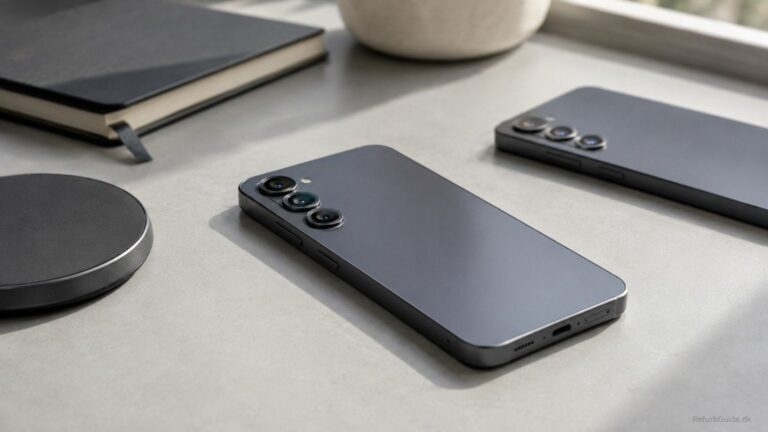 Refurbished Samsung Galaxy S24 placeret på et minimalistisk skandinavisk skrivebord i et lyst miljø, klar til vurdering før køb.
