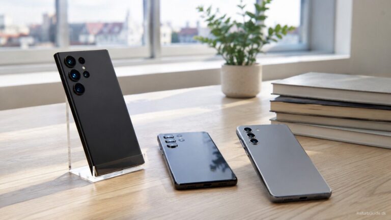 Sammenligning af flere refurbished Samsung-telefoner i et minimalistisk skandinavisk miljø med fokus på kvalitet, værdi for pengene og et trygt købsvalg.