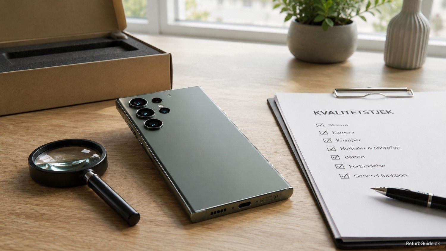 En refurbished Samsung Galaxy-smartphone gennemgår kvalitetstjek på et lyst skandinavisk skrivebord med fokus på garanti, kvalitet og et trygt køb.