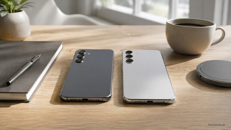 Samsung Galaxy S23 og Galaxy S24 placeret side om side på et minimalistisk skandinavisk skrivebord klar til sammenligning før køb.
