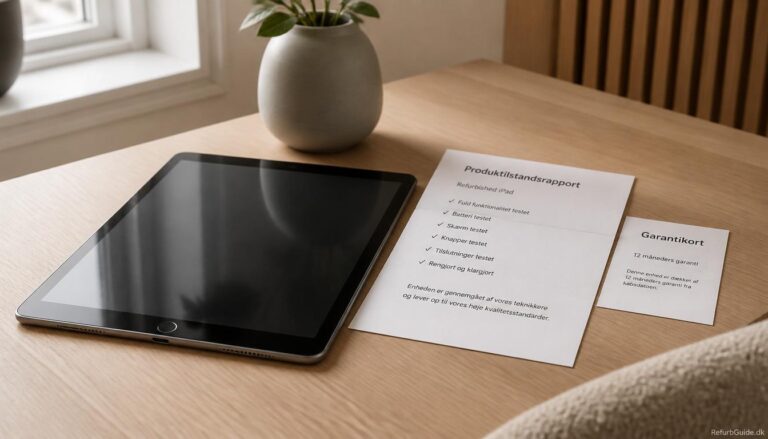 Refurbished iPad på et minimalistisk skrivebord med fokus på garanti, kvalitetstjek og tryghed ved køb af brugt elektronik.