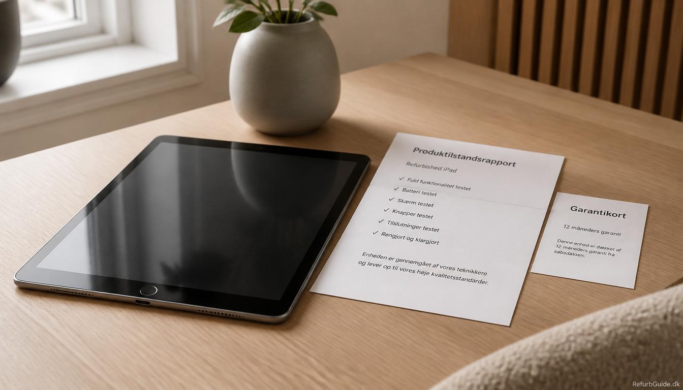 Refurbished iPad på et minimalistisk skrivebord med fokus på garanti, kvalitetstjek og tryghed ved køb af brugt elektronik.