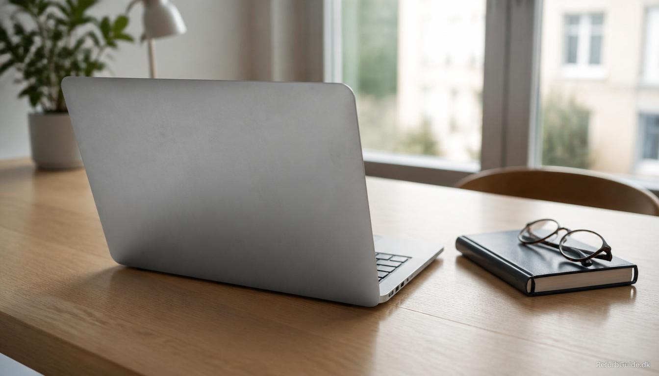 Velholdt MacBook på et minimalistisk skrivebord med fokus på lang levetid og daglig brug i et skandinavisk arbejdsmiljø.