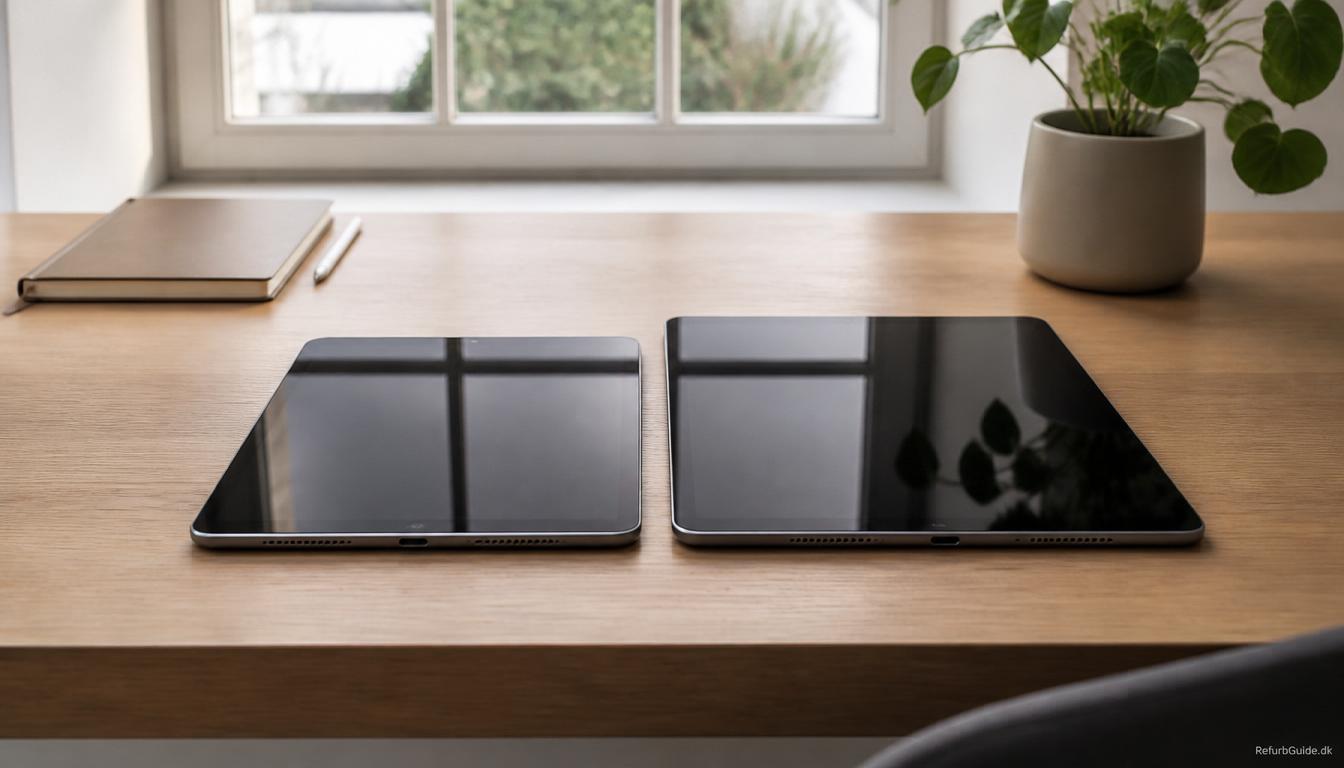 Sammenligning mellem iPad Air og iPad Pro på et minimalistisk skandinavisk skrivebord med fokus på værdi, ydeevne og daglig brug.