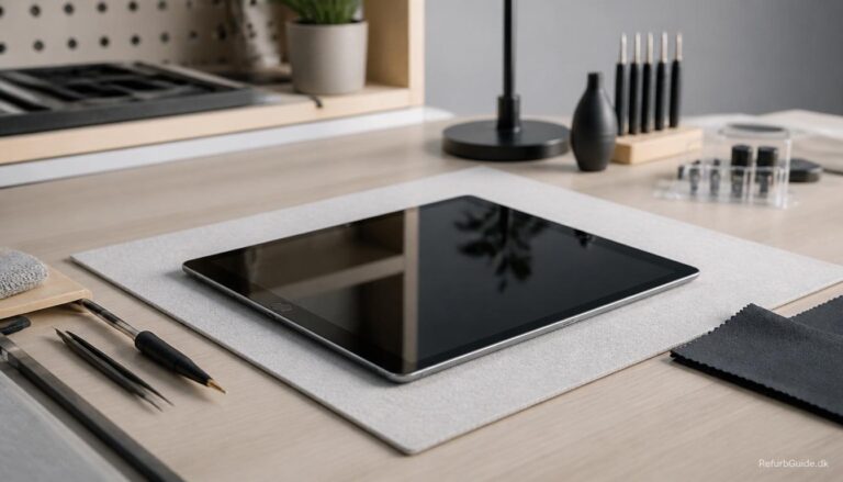 iPad på et rent skandinavisk arbejdsbord i et professionelt kvalitetskontrolmiljø med fokus på sikkerhed, garanti og tryghed ved køb af refurbished elektronik.