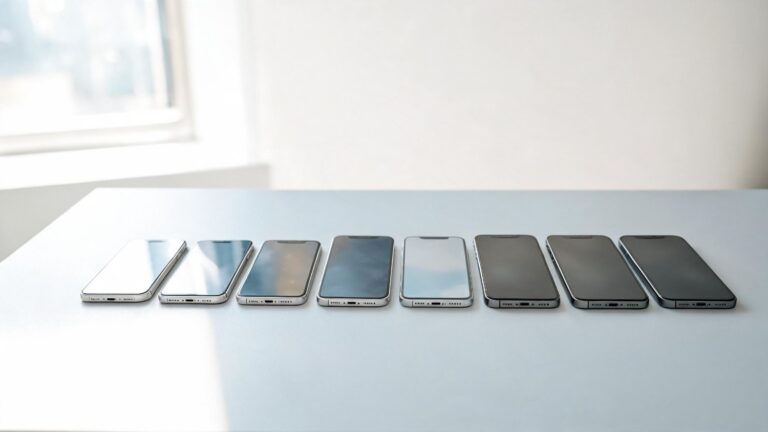 Udvalg af populære brugte iPhone-modeller præsenteret i et moderne og professionelt teknologimiljø