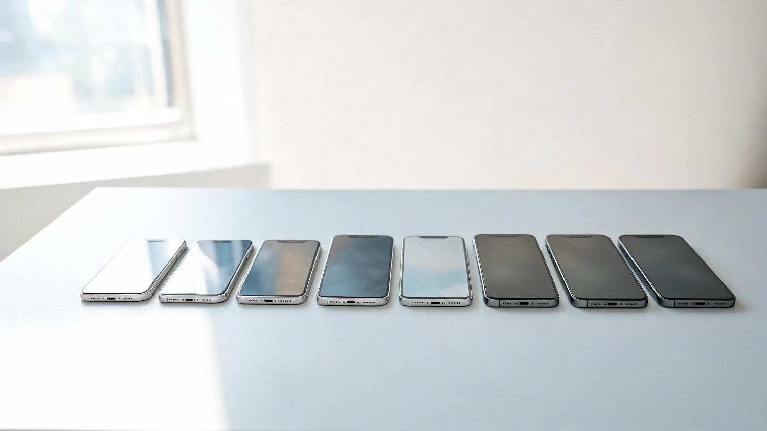 Udvalg af populære brugte iPhone-modeller præsenteret i et moderne og professionelt teknologimiljø