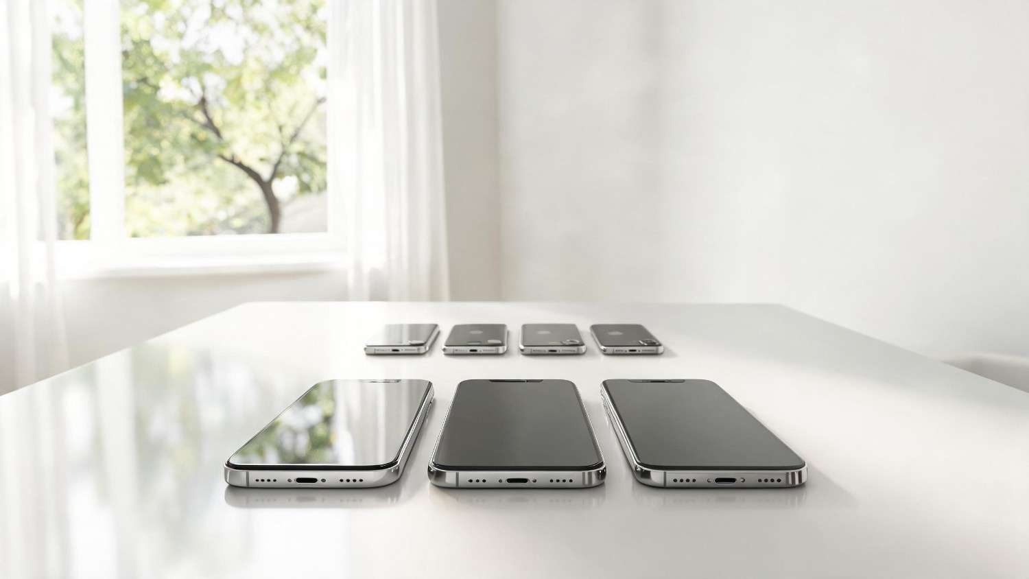 Udvalg af refurbished iPhones i forskellige prisklasser præsenteret i et moderne og professionelt teknologimiljø