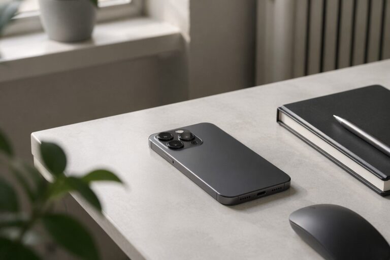 Premium iPhone 15 Pro displayed in a clean Scandinavian-inspired workspace highlighting quality, durability and long-term value.