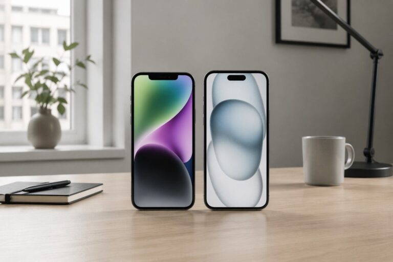 To iPhones placeret side om side på et minimalistisk skrivebord i et lyst skandinavisk arbejdsmiljø med fokus på sammenligning og købsbeslutning.