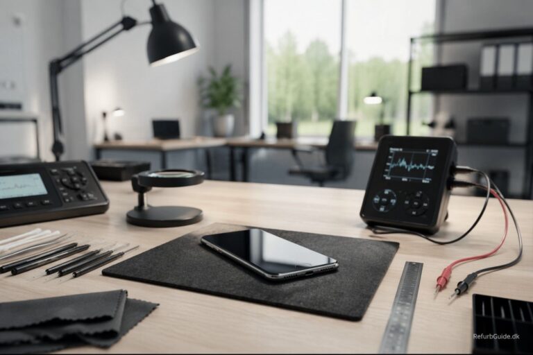 iPhone placeret i et professionelt kvalitetskontrolmiljø, der illustrerer sikkerheden ved at købe refurbished telefoner.