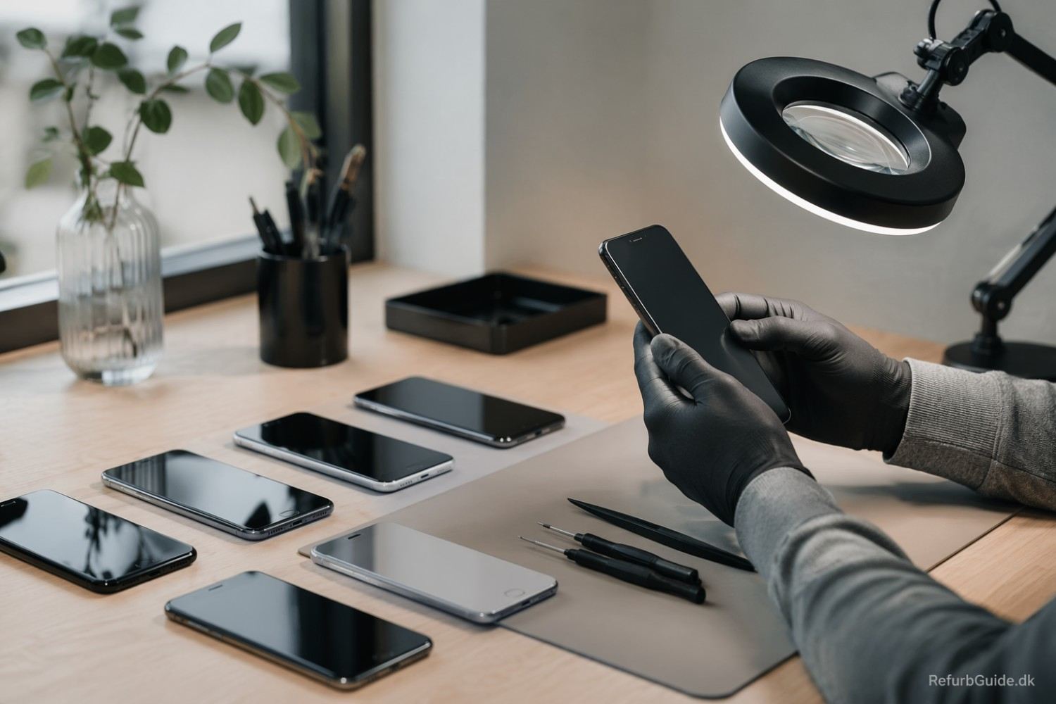 Flere refurbished smartphones arrangeret på et stilrent skrivebord i et moderne skandinavisk miljø med fokus på kvalitet, kontrol og tryghed ved køb.