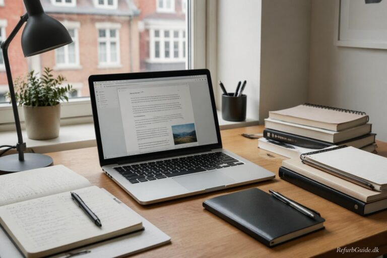 Brugt MacBook Air på et lyst skrivebord i et moderne studiemiljø med fokus på studiearbejde og værdi for pengene.
