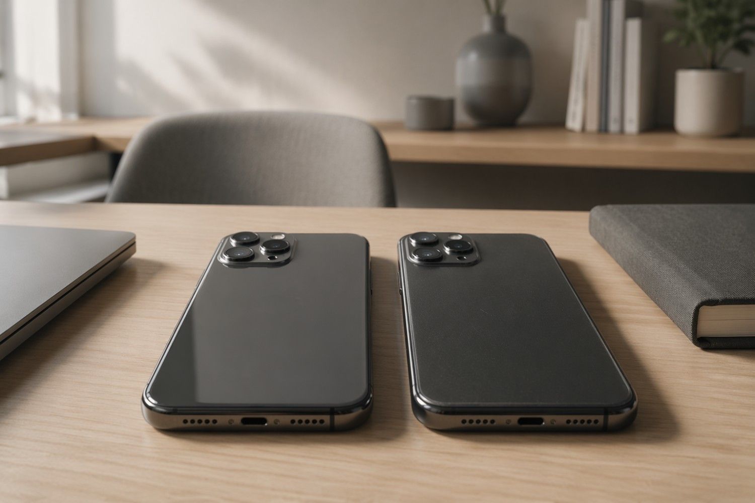 Sammenligning af refurbished og brugt iPhone i et moderne og minimalistisk miljø.