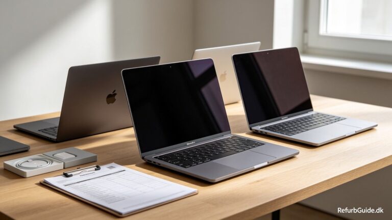 Flere brugte MacBook-modeller præsenteret i et lyst skandinavisk arbejdsmiljø med fokus på kvalitet, værdi og tryghed ved køb.