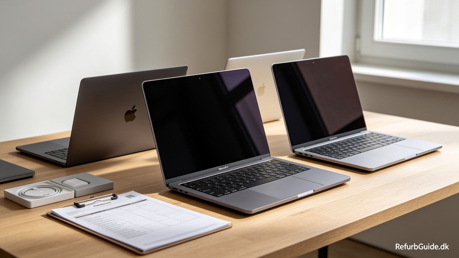 Flere brugte MacBook-modeller præsenteret i et lyst skandinavisk arbejdsmiljø med fokus på kvalitet, værdi og tryghed ved køb.