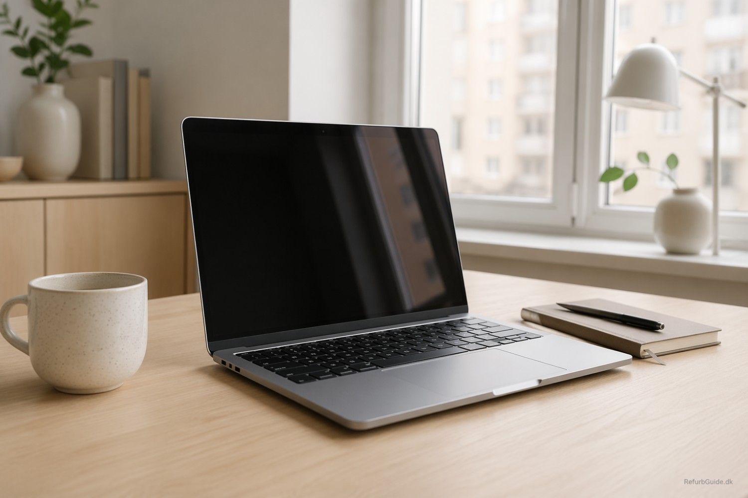 MacBook Air M1 placeret på et lyst skandinavisk skrivebord med fokus på værdi, kvalitet og lang levetid ved køb af brugt computer.