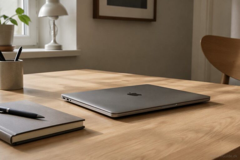MacBook Air M2 på et moderne skandinavisk skrivebord med fokus på kvalitet, batteritid og værdi ved køb af brugt computer.