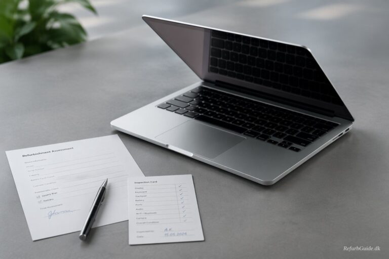 Nærbillede af refurbished MacBook Pro M1 på minimalistisk skrivebord i et professionelt købemiljø med fokus på kvalitet og værdi.