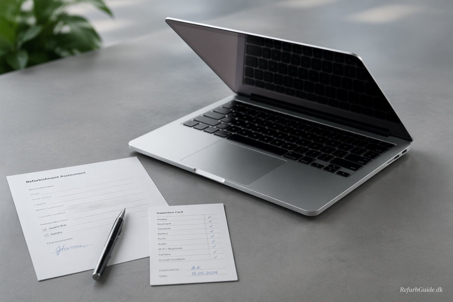 Nærbillede af refurbished MacBook Pro M1 på minimalistisk skrivebord i et professionelt købemiljø med fokus på kvalitet og værdi.