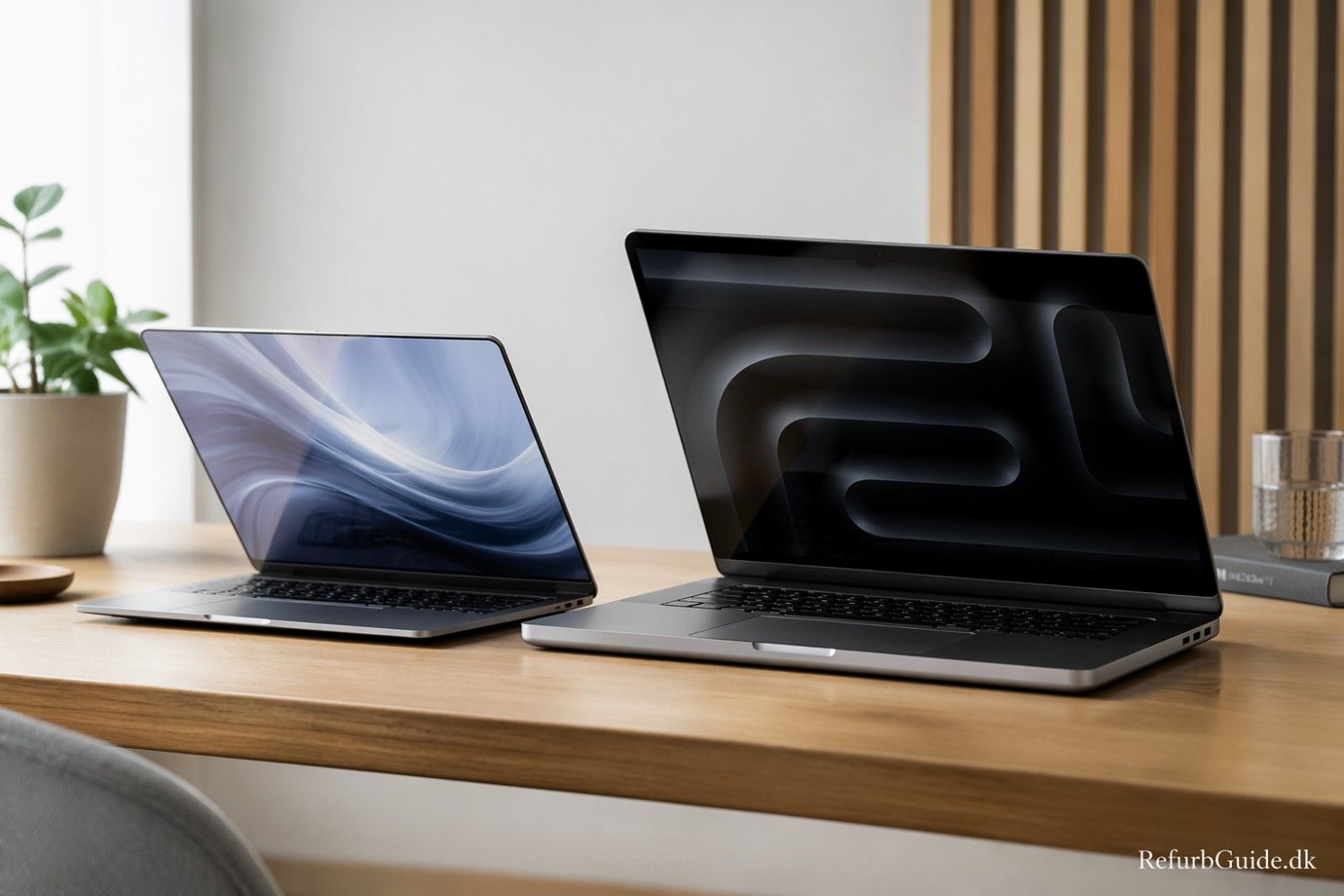 To MacBook-modeller side om side på et moderne skandinavisk skrivebord, der illustrerer valget mellem MacBook Air og MacBook Pro.