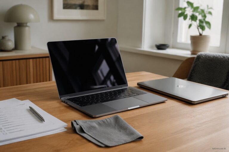 En refurbished MacBook på et minimalistisk skrivebord i et lyst skandinavisk arbejdsmiljø med fokus på kvalitet og købertryghed.