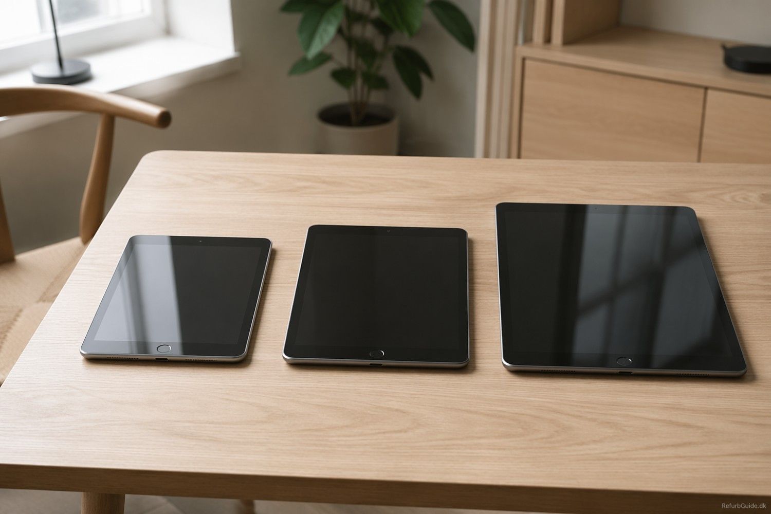 Tre iPads i forskellige størrelser og prisklasser vist på et minimalistisk bord i et lyst skandinavisk miljø med fokus på værdi og købsvejledning.