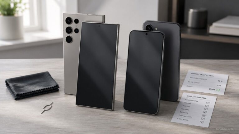Sammenligning af refurbished Samsung Galaxy S24 Ultra og Galaxy S24 på et minimalistisk skrivebord med fokus på kamera, kvalitet og købsvurdering.