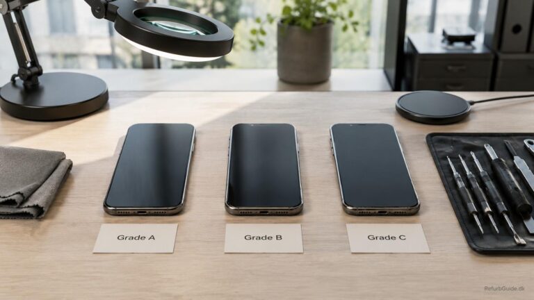 Tre refurbished smartphones i Grade A, Grade B og Grade C vist side om side for at illustrere forskellen i kosmetisk stand på en professionel og overskuelig måde.