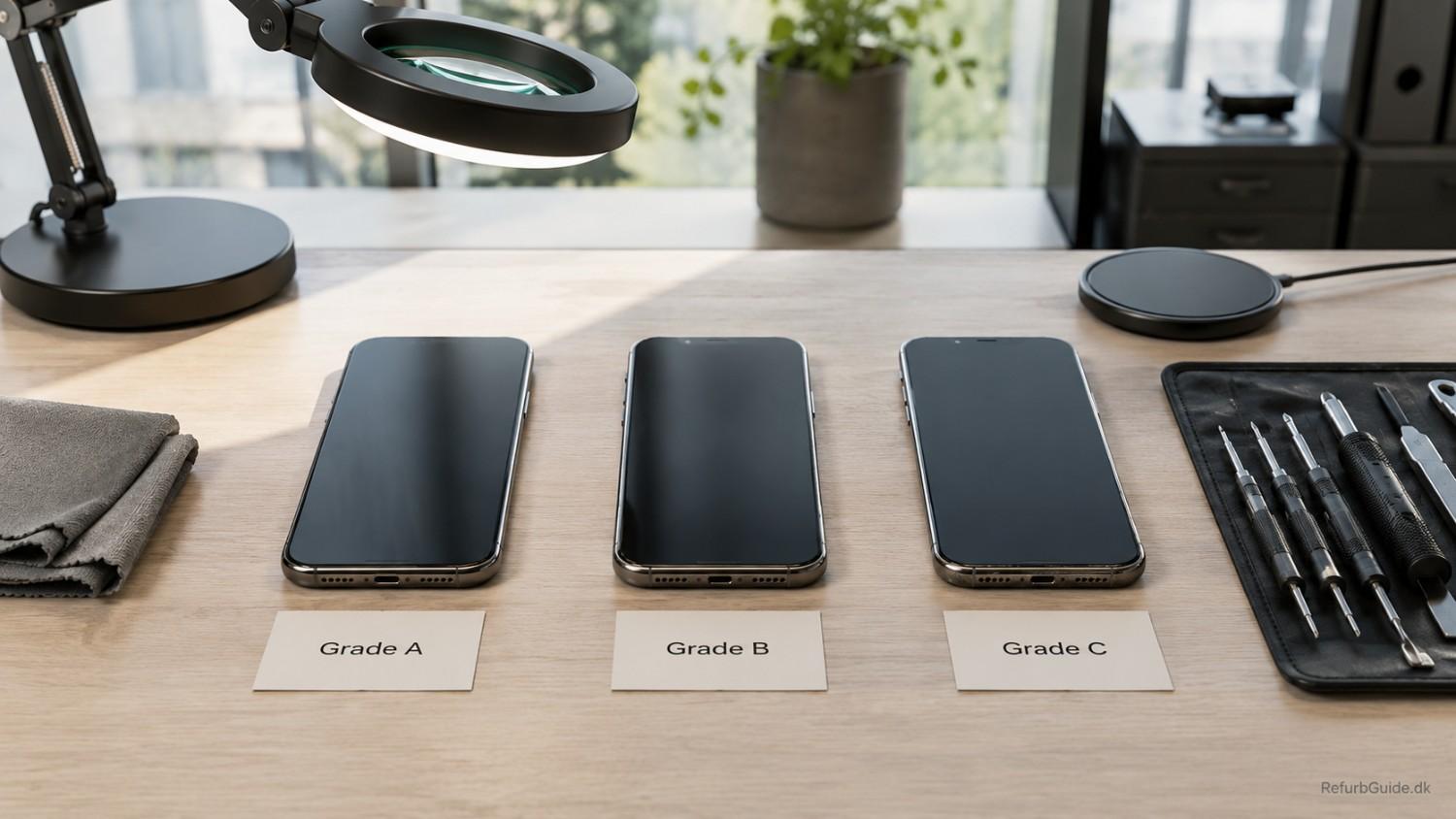 Tre refurbished smartphones i Grade A, Grade B og Grade C vist side om side for at illustrere forskellen i kosmetisk stand på en professionel og overskuelig måde.