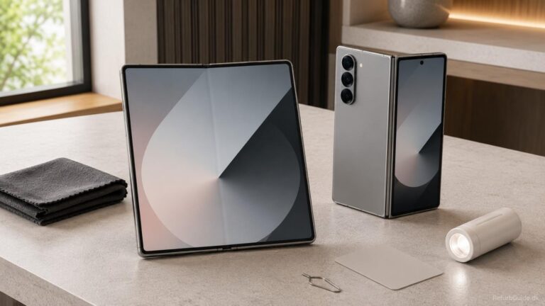 Professionelt refurbished Samsung Galaxy Z Fold 6 vist i et moderne skandinavisk produktmiljø med fokus på foldbart design, kvalitet, hængsel og tryghed ved køb af brugt premium-smartphone.