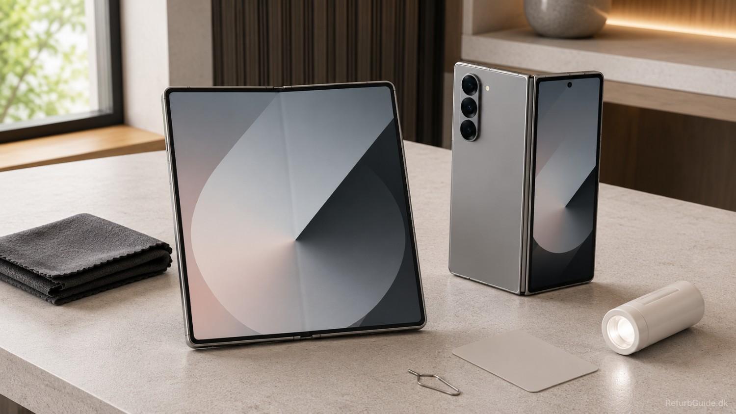 Professionelt refurbished Samsung Galaxy Z Fold 6 vist i et moderne skandinavisk produktmiljø med fokus på foldbart design, kvalitet, hængsel og tryghed ved køb af brugt premium-smartphone.