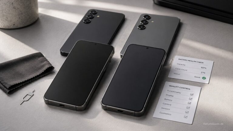 Sammenligning af refurbished Samsung Galaxy S24 og Galaxy S24 FE på et minimalistisk skrivebord med fokus på kvalitet, kameraer og købsvurdering.