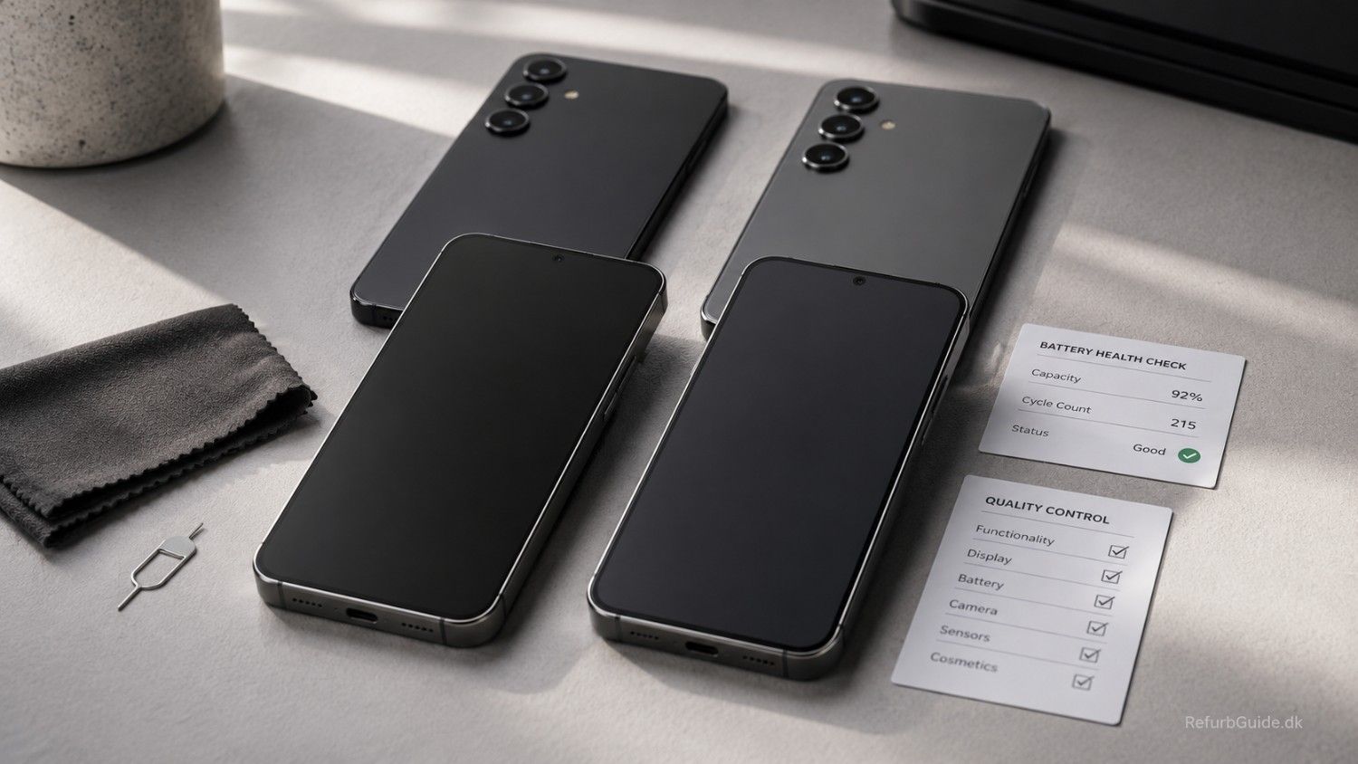 Sammenligning af refurbished Samsung Galaxy S24 og Galaxy S24 FE på et minimalistisk skrivebord med fokus på kvalitet, kameraer og købsvurdering.
