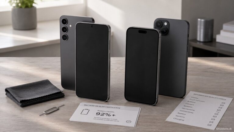 Sammenligning af refurbished Samsung Galaxy S24 og iPhone 15 på et minimalistisk skandinavisk skrivebord med fokus på design, kvalitet og købsvurdering.