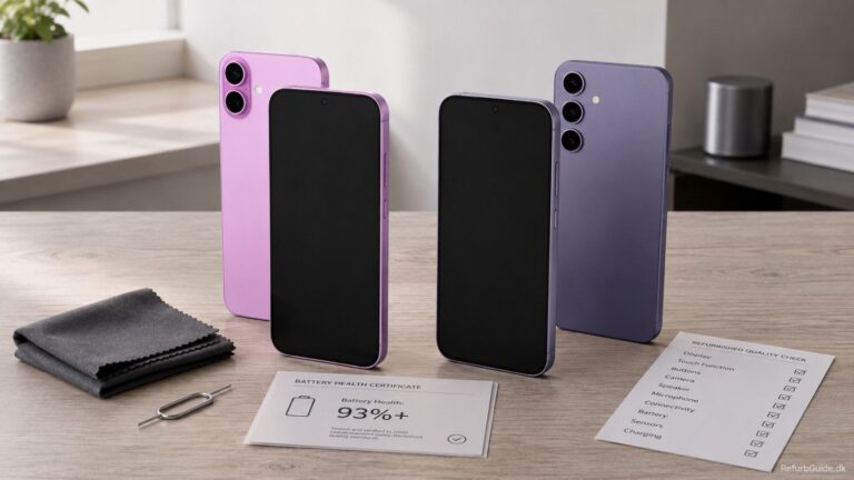 Refurbished Samsung Galaxy S24 og iPhone 16 sammenlignet på et stilrent skandinavisk skrivebord med fokus på design, kvalitet og et trygt købsvalg.
