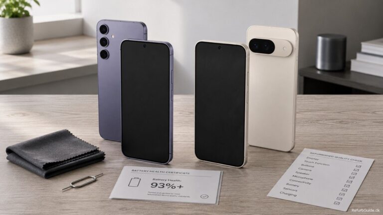 Samsung Galaxy S24 og Google Pixel 9 sammenlignet på et stilrent skandinavisk skrivebord med fokus på design, kamera og kvalitet ved køb af refurbished mobiltelefoner.