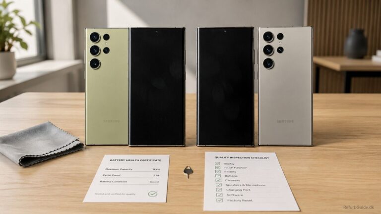 Sammenligning af refurbished Samsung S23 Ultra og Samsung S24 Ultra på et minimalistisk skrivebord med fokus på kvalitet, stand og købsvurdering.