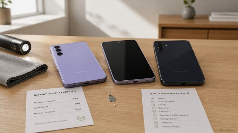 Tre refurbished Samsung Galaxy A-serie telefoner på et minimalistisk skrivebord med fokus på kvalitetskontrol og et trygt mobilkøb.