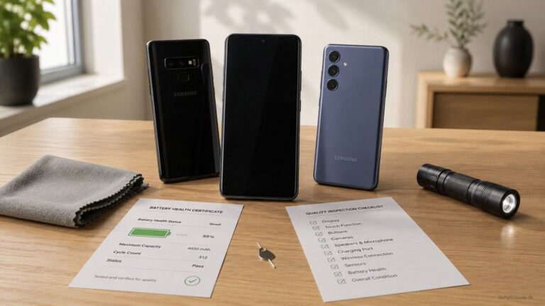 Samsung Galaxy-telefoner fra forskellige generationer på et minimalistisk skrivebord med fokus på lang levetid, batterikontrol og refurbished kvalitet.