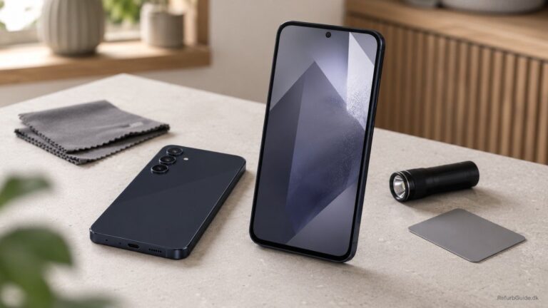 Samsung Galaxy A55 vist i et minimalistisk skandinavisk miljø som refurbished mobil til hverdagsbrug.