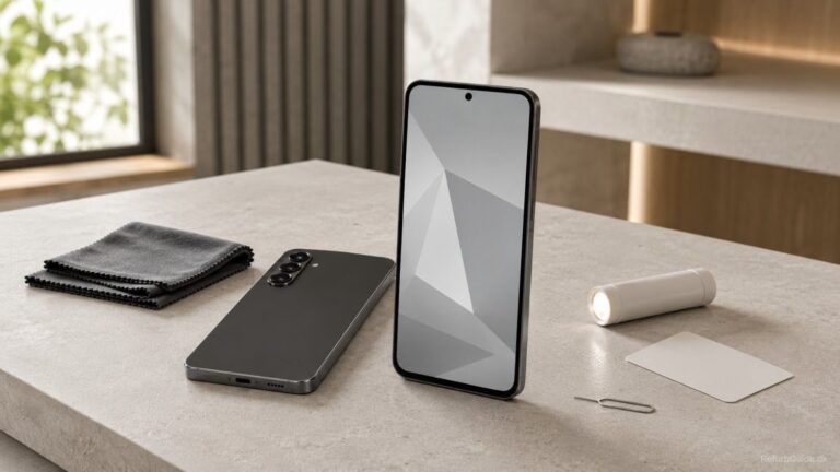 Professionelt refurbished Samsung Galaxy A56 vist i et moderne skandinavisk produktvurderingsmiljø med fokus på kvalitet, garanti og tryghed ved køb.