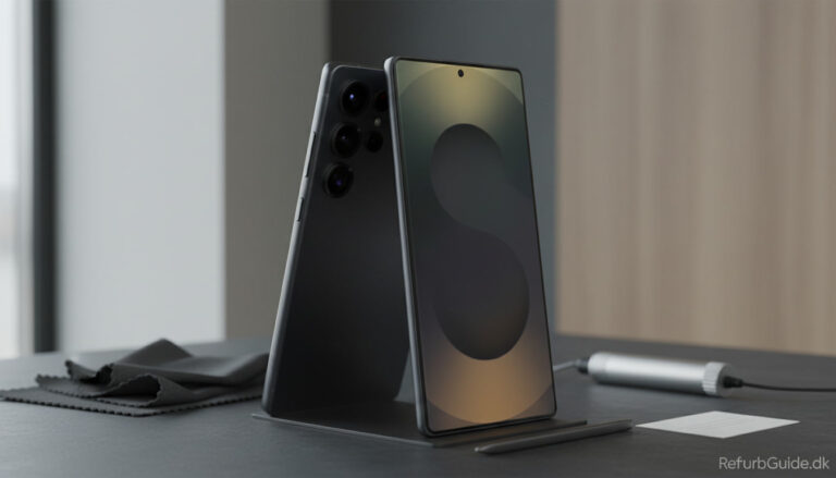 Samsung Galaxy S25 Ultra vist i et minimalistisk nordisk produktmiljø med S Pen og diskrete detaljer fra kvalitetskontrol.
