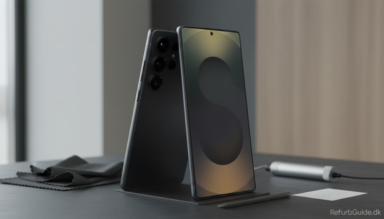 Samsung Galaxy S25 Ultra vist i et minimalistisk nordisk produktmiljø med S Pen og diskrete detaljer fra kvalitetskontrol.