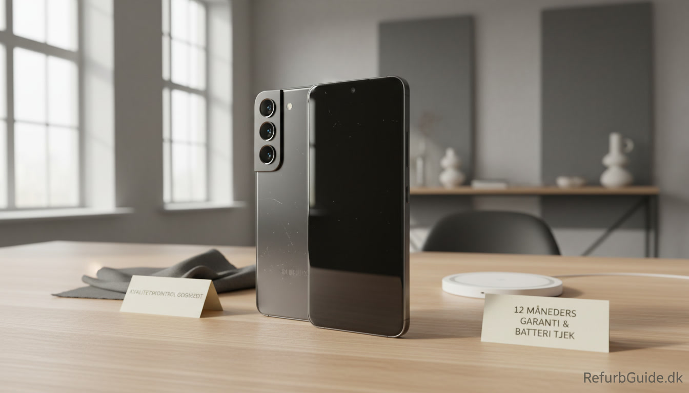 Brugt Samsung Galaxy S22 på et lyst skandinavisk skrivebord med diskrete kvalitetskontrol-elementer, der understreger pris, stand og værdi ved køb af refurbished mobil.