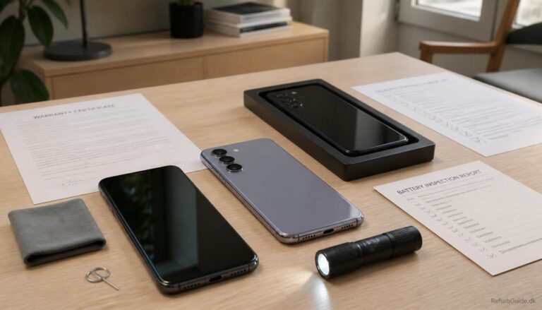 Refurbished Samsung Galaxy-telefoner med garantidokument, kvalitetskontrol og batteritjek i et moderne skandinavisk arbejdsmiljø.