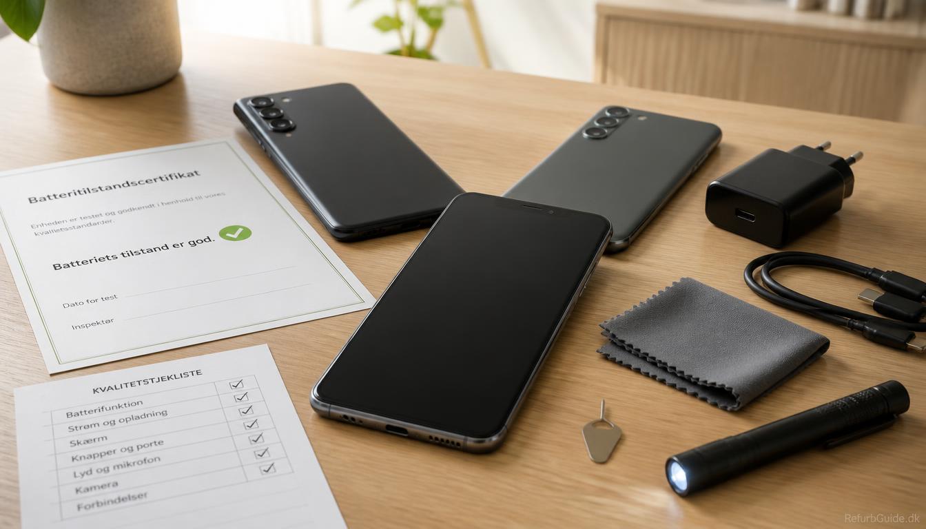 Refurbished Samsung Galaxy-telefoner med fokus på batterikontrol, kvalitetsinspektion og lang levetid i et minimalistisk skandinavisk arbejdsmiljø.