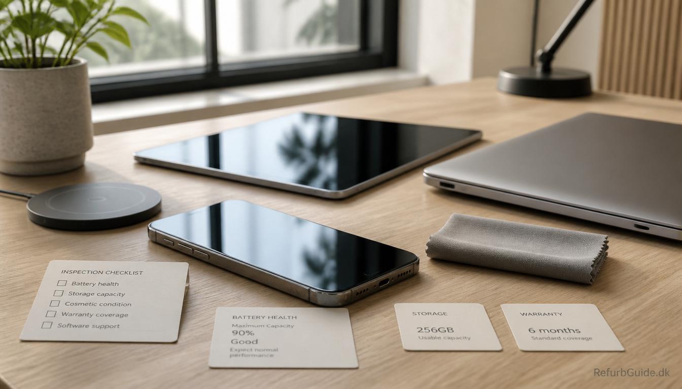 Refurbished smartphone, tablet og bærbar computer i et lyst skandinavisk workspace med små kontrolkort for batteri, lager og garanti, der illustrerer typiske fejl ved køb af refurbished elektronik.