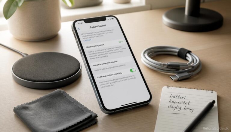 Brugt iPhone på lyst skandinavisk skrivebord med fokus på batteritilstand og opladning i en guide om batteriets sundhed før køb