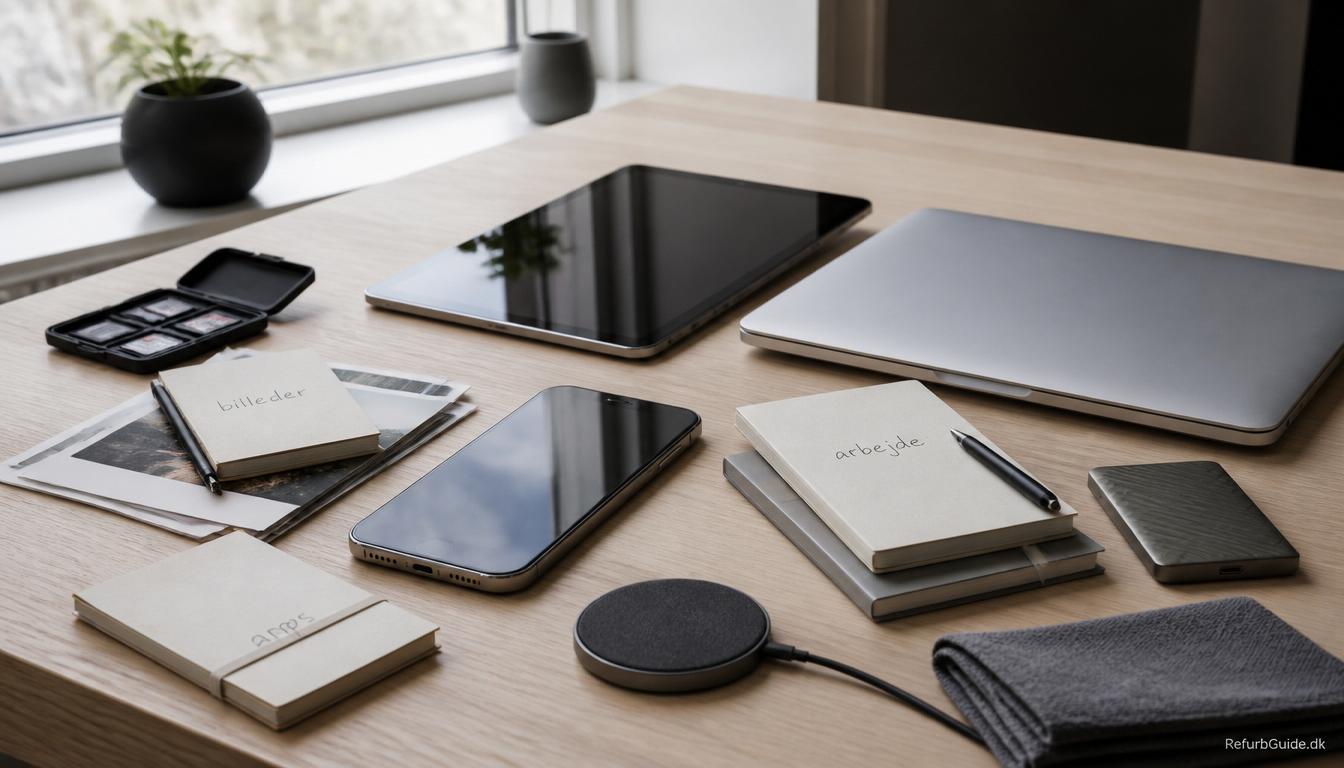 iPhone, iPad og MacBook på et lyst skandinavisk skrivebord i en guide om at vælge den rigtige lagerplads til refurbished Apple-enheder
